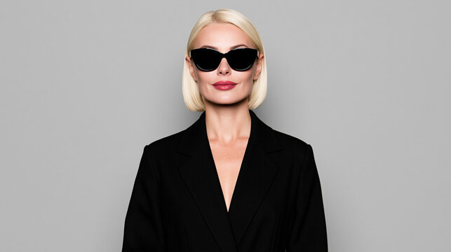 Confident woman wearing sunglasses and black blazer with neutral background  