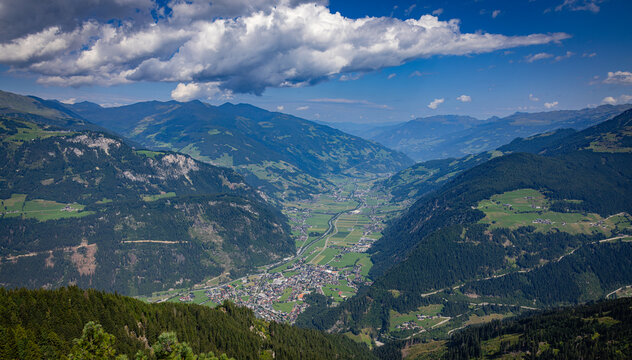 Zillertal valley with Mayrhofen village in Alps mountains landscape Austria