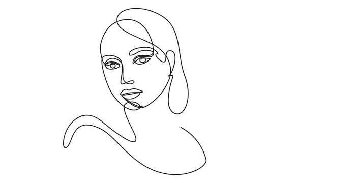 Continuous one line woman face art beauty female drawing silhouette abstract. Woman face outline draw head profile hair side minimal vector girl eyes lineart makeup flower lady view model single, 4k
