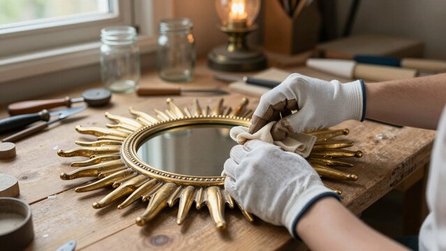 A skilled artisan carefully polishes a vintage sunburst mirror frame with cloth and gloves on wooden workbench near window.