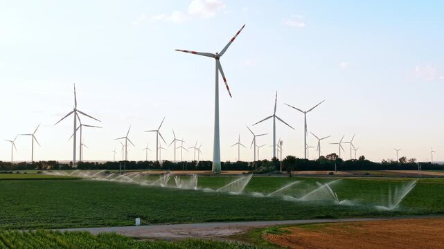 Wind turbine overlooking farmland with active sprinklers. A dirt road separates green and brown fields while numerous turbines spread across the pale horizon.