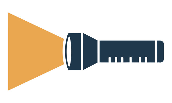Minimalist icon of a handheld flashlight with a conical light beam in navy blue and amber flat design style for a simple technology concept