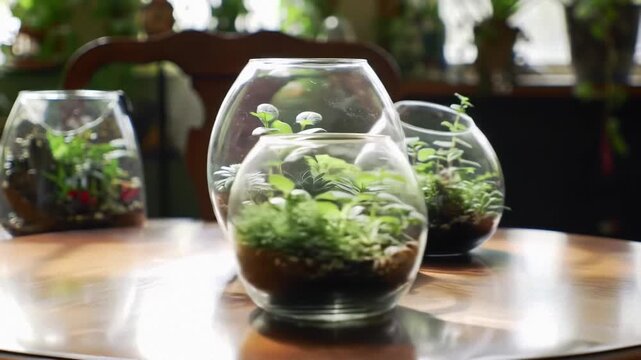 Indoor Glass Terrariums with Succulents, Table Setting, Sunlit Room