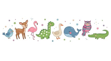 Fototapeta premium Cute Cartoon Animal Vector Set with Abstract Nature Background, Birds and Safari Wildlife Pattern Illustration for Kids Design and Zoo Theme Art