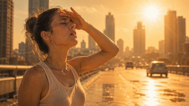 Exhausted sweaty woman suffering from heat stroke on city bridge road during extreme summer climate warming global change sun wave weather abnormal heat concept