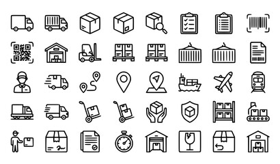 Fototapeta premium logistics, shipping, delivery, truck, cargo, parcel, package, tracking, warehouse, courier, freight, transport, checklist, inventory, distribution, barcode, forklift, supply chain, icon, outline, line