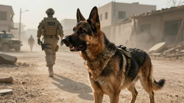 A vigilant German shepherd soldier stands alert in a dusty urban battlefield, accompanied by armed troops and military vehicles under harsh sunlight.