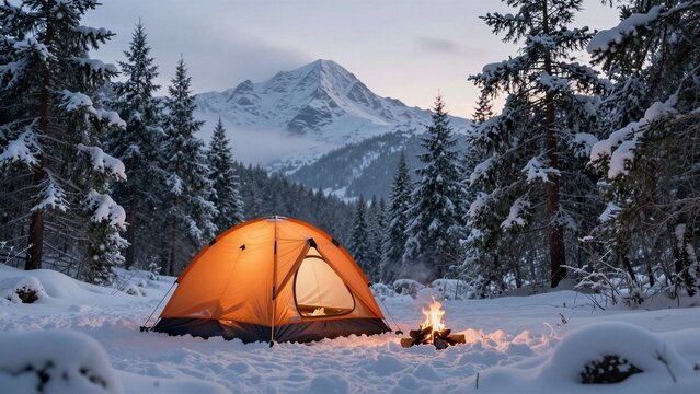 A bright orange camping tent with a fire burning nearby, nestled in snow-covered pine trees under a mountainous winter sky.