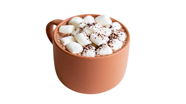 Terracotta mug filled with hot chocolate and fluffy marshmallows sprinkled with cocoa powder, isolated on transparent background