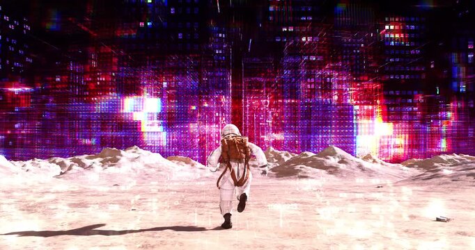 Spaceman running on lunar landscape towards glowing wireframe metaverse city skyline. Abstract Digital Space City Concept.