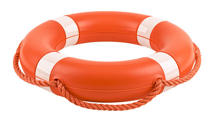 Orange life preserver ring with white stripes and rope, isolated on transparent background © Elena