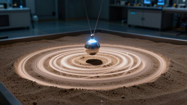 A glowing pendulum swings above sand, carving mesmerizing concentric circles in a modern lab setting.