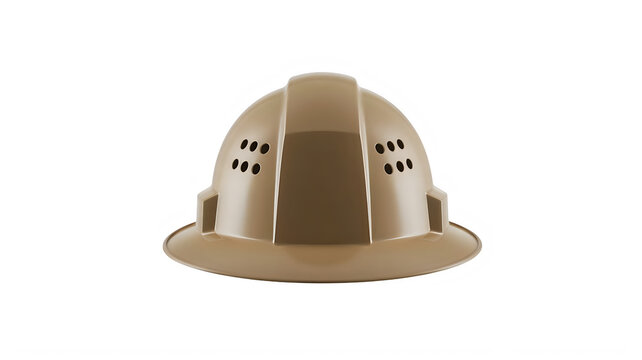 A plain brown construction hard hat used for safety on building sites and industrial work zones to protect the head of workers and engineers from falling objects and hazards during daily operations is