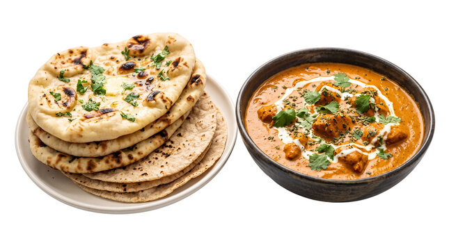 Butter chicken curry in a black bowl with garlic naan bread, traditional Indian murgh makhani with cilantro, spicy tikka masala meal isolated on white