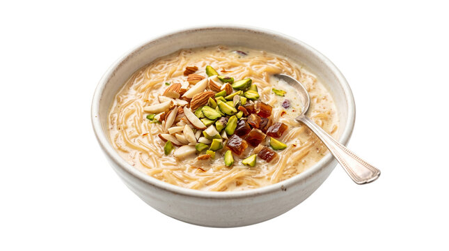 Traditional Sheer Khurma dessert in a ceramic bowl, sweet vermicelli pudding with nuts and dates, festive Eid celebration food on white background