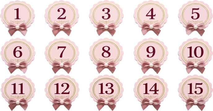  Set of pink scalloped circular gift tags with numbers 1 to 15 scalloped stationary counting stickers decorations collection cardboard planning organizer education illustration feminine