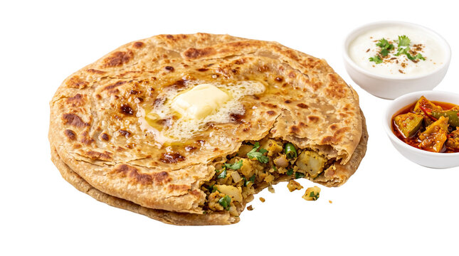 Traditional Aloo Paratha with melting butter, stuffed Indian flatbread with potato filling, spicy paratha served with curd and pickle on white background