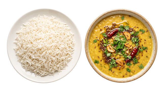 Indian dal tadka with basmati rice, traditional yellow lentil soup with steamed white rice, spicy dal fry with cumin and chili garnish on white background