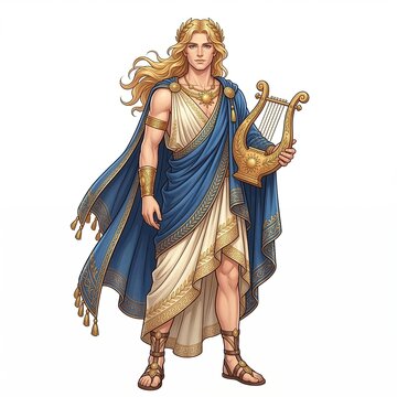 Full length illustration of the Greek god Apollo holding a golden lyre and wearing a blue and white chiton