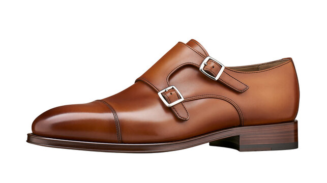 Brown leather double monk strap shoe with silver buckles, isolated on transparent background