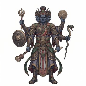 Powerful three-headed Hindu asura warrior in ornate armor holding divine weapons isolated on white background