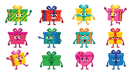 Obraz premium Cute cartoon gift boxes with smiling faces and various expressions.