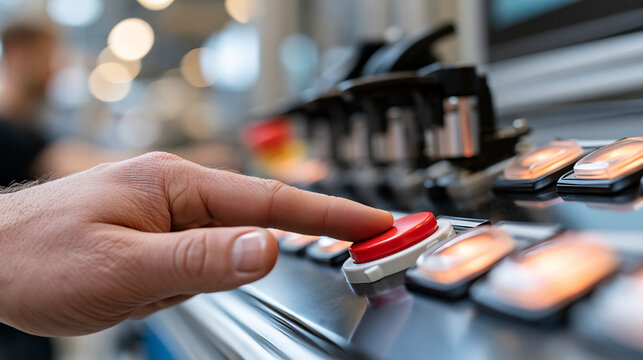 Close-up of hand pressing emergency stop button on factory safety control panel, machine protection and accident prevention concept, defocused background, with copy space