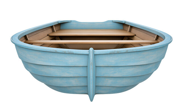 Light blue wooden rowboat with wooden seats, isolated on transparent background