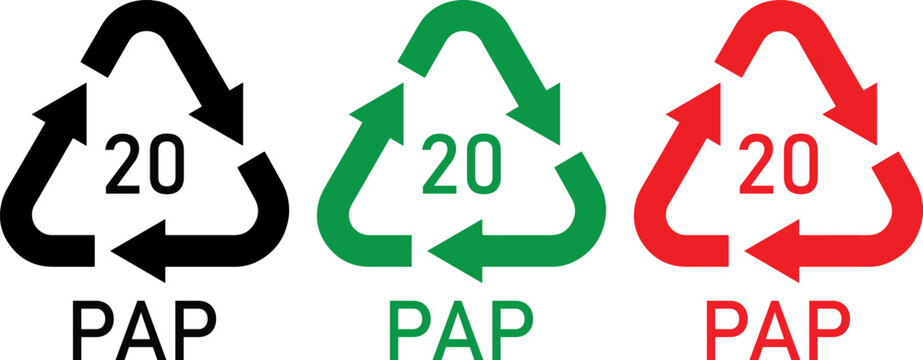 Three colored recycling codes number 20 PAP vector icons for corrugated fiberboard cardboard packaging