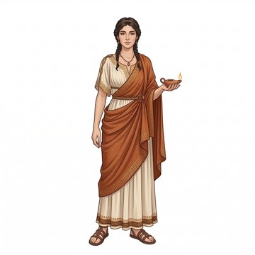 Greek goddess Hestia in traditional robes holding a small oil lamp against a white background