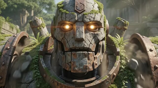 Giant ancient stone golem guardian standing amidst overgrown jungle ruins of a lost civilization