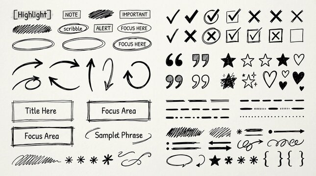 Hand drawn doodle collection features various arrows checkmarks stars hearts speech bubbles lines and decorative frames sketched in black ink on a clean white textured background