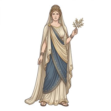 Greek goddess Leto in flowing blue and cream robes holding an olive branch on a white background