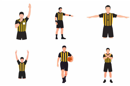 Set of professional basketball referee characters with various hand signals and poses in flat vector style