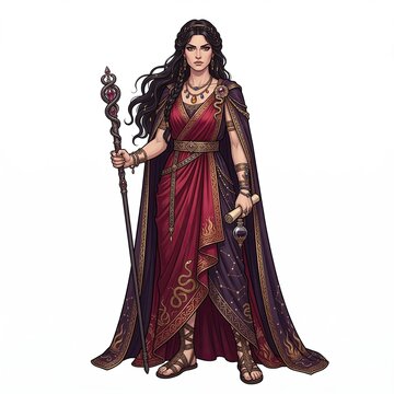 Ancient Greek sorceress Medea in ornate crimson and purple robes holding a serpent scepter isolated on white background
