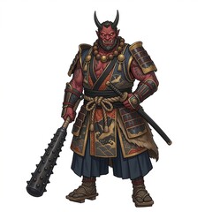 Obraz premium Red skinned Oni demon wearing ornate samurai armor and holding a giant spiked iron club kanabo