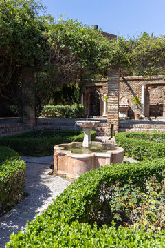 Patio de armas, green spaces around Alcazaba, 11th century Muslim palatial fortification, Malaga, Spain, Andalusia