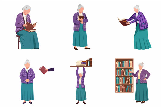 Elderly woman character set reading and interacting with books in various poses flat vector illustration