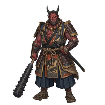 Red skinned Oni demon wearing ornate samurai armor and holding a giant spiked iron club kanabo