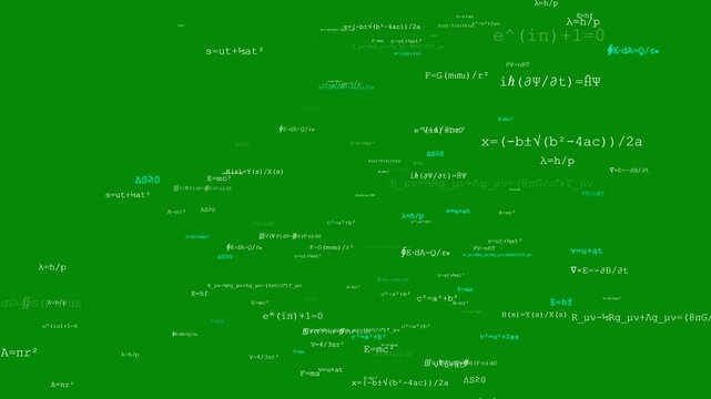 Mathematical equations and physics formulas drifting slowly across a green screen chroma key background for education video production overlay.