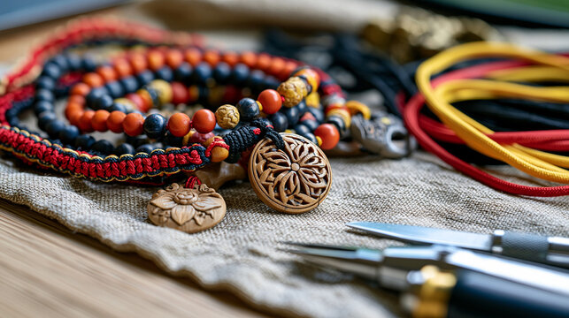 Delicate handcrafted prayer beads and carved wooden pendants arranged on a linen cloth under overcast dramatic sky, jewelry design tools nearby, the still life evoking Buddhist monastery artisan cra