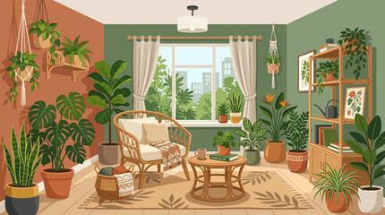 Fototapeta premium Flat Vector Urban Jungle Living Room with Rattan Furniture and Potted Plants
