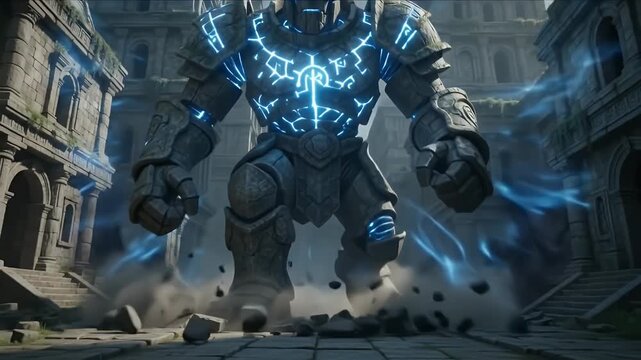 Epic Stone Golem Guardian of Ancient Ruins with Glowing Blue Eyes in a Cinematic Fantasy Setting