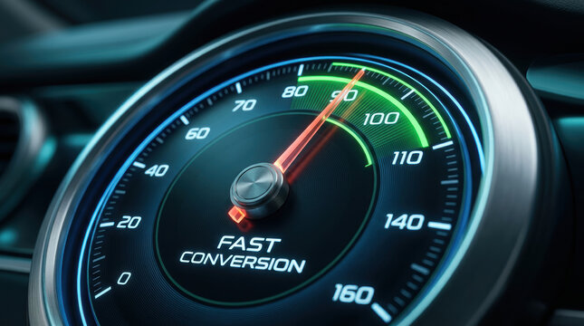 Fast conversion speed gauge with tech elements showing retail and e commerce growth in modern digital interface design