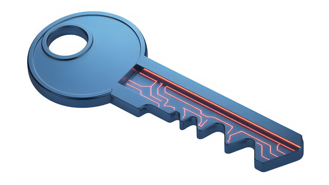 Blue and red key with silver teeth isolated for security and access concept isolated on transparent background