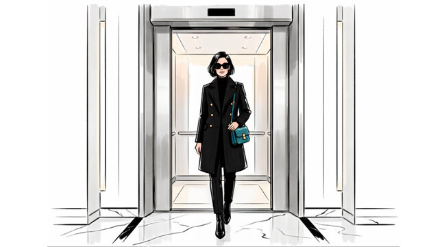 Elevator Doors Opening Businesswoman Illustration  Autumn Fashion