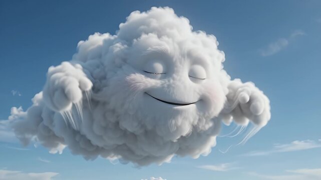 Happy cartoon cloud character floating peacefully in a bright blue sky with gentle sunlight