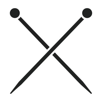 Simple black silhouette icon of two knitting needles crossed in a diagonal formation isolated on a pure white background craft hobby concept
