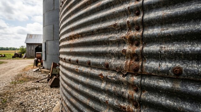 Corrugated metal grain silo with rusty bolts on an active farm. Rural agribusiness landscape with barn and machinery under a cloudy sky.