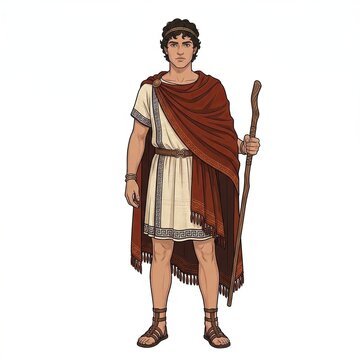 Young ancient Greek prince Telemachus in a white tunic and brown cloak holding a wooden staff on white background